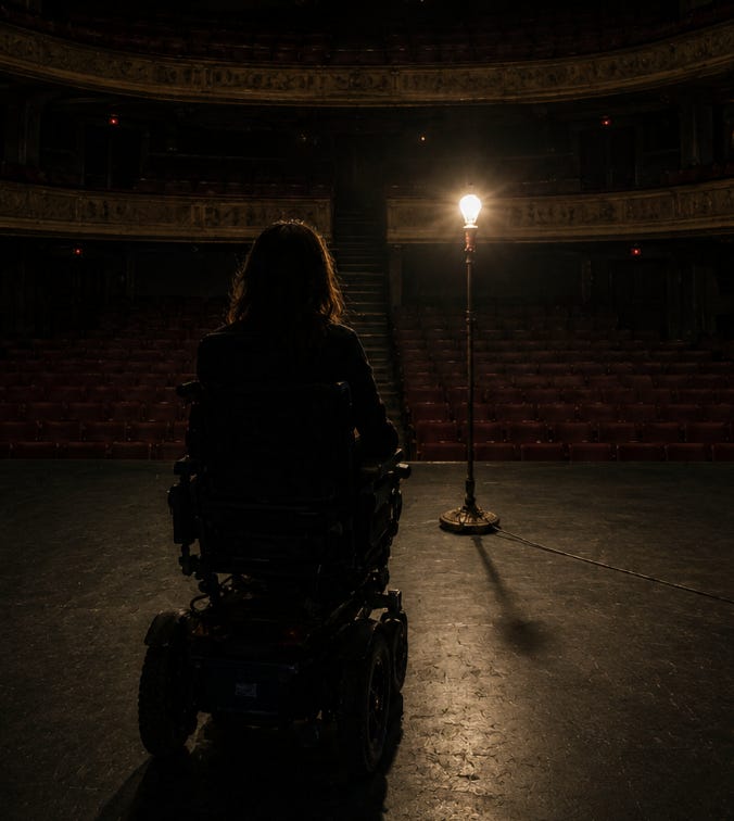 A wheelchair user alone on a darkened stage beside a single illuminated ghost light.
